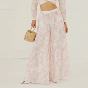 Something Navy Pink Floral Linen Cotton Blend Tiered Wide Leg Pants Size Medium